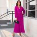 Dress With A Fashionable V-Neckline, Long Sleeves, Pleated Design, And A Flowing Silhouette._ecoleips.com