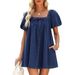 Women's Square Neck Puff Sleeve Tie Waist Flowy Mini Dress Denim_ecoleips.com