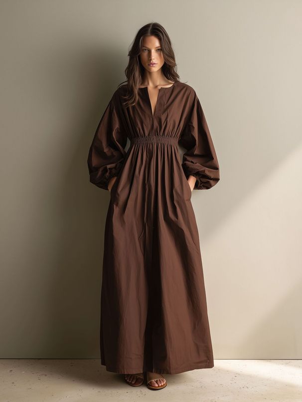 Women's Loose Fit V Neck Long Sleeve Solid Color Flowy Maxi Dress – Elegant Casual Resort Gown For Summer 2026_ecoleips.com