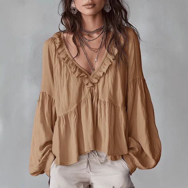 Voya Women's Casual Sweet Mushroom Edge Bubble Sleeve Pleated Shirt Temperament Top With Multiple Colors To Choose From_ecoleips.com
