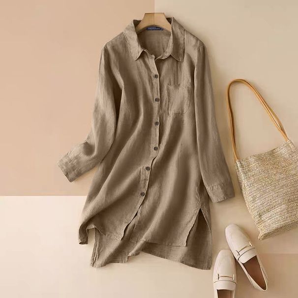 Women's Loose Cotton Shirt V-neck Long Sleeve Slit Hem Top Retro Fashion Oversized Shirt_ecoleips.com