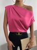 Verve 2025 Spring Solid Color Satin Silk Irregular Asymmetric Off-Shoulder Pullover Sleeveless Shirt For Women_ecoleips.com