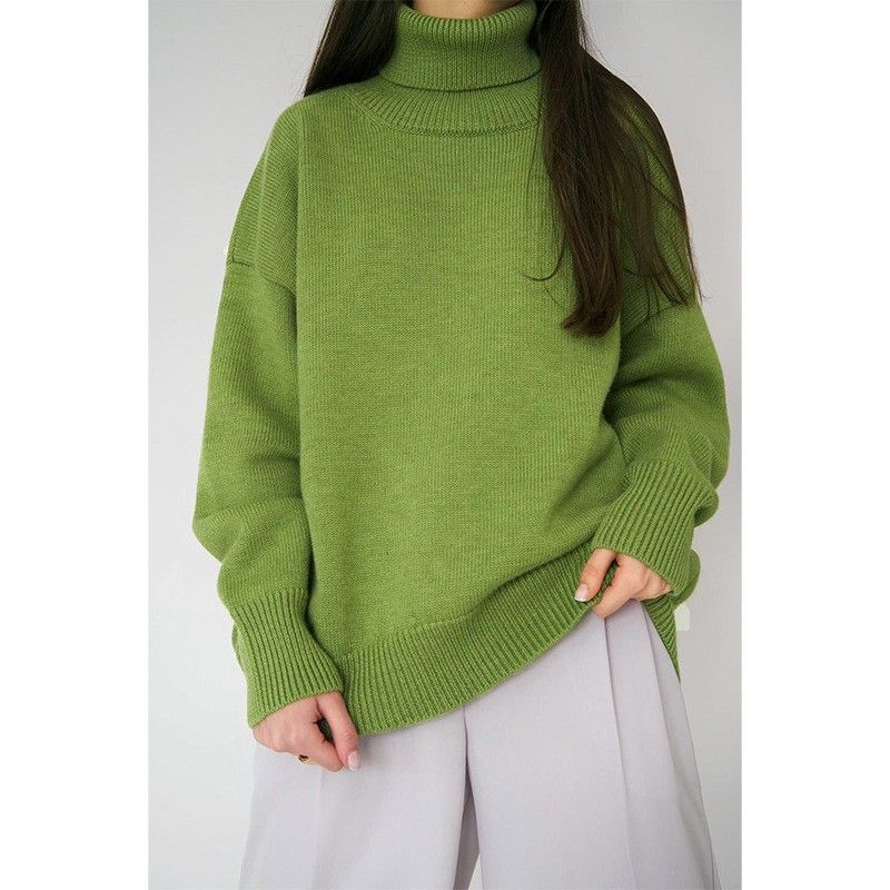Women's Clothing Oversized High Neck Sweater - Women's Loose Fit Knit Pullover (Viscose-Spandex Blend, Classic Solid Colors)_ecoleips.com
