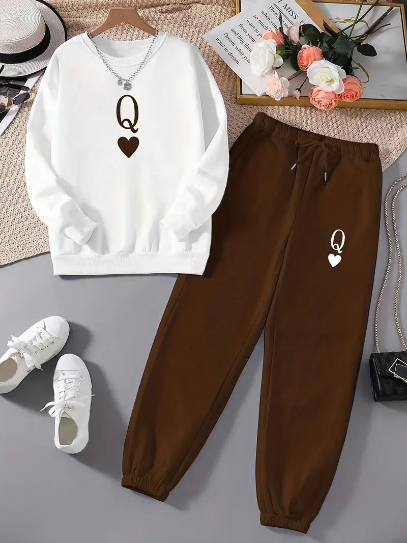 Women's Heart-Print Sweater & Pants Set – Cozy Loose Fit Casual Outfit (White-Brown/White-Orange/White-Green, S-XXL)_ecoleips.com