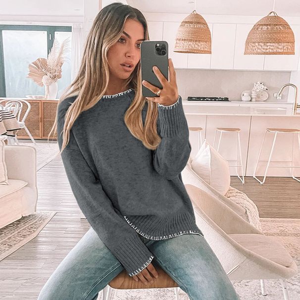 "Split Hem Sweater – Classic Crewneck (Light Khaki/Green/Charcoal) | Effortless Layering"_ecoleips.com