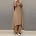Verve 2025 New Muslim Simple Casual Solid Color Round Neck Decorated Wooden Button Long Sleeve Pants Set_ecoleips.com