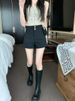 Black Suit Shorts For Women, Loose Fit, Petite Size, High Waist, Slimming, Versatile A-Line Wide-Leg Pants,_ecoleips.com