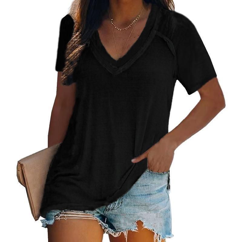Women's Clothing Hot Sale Trend V Neck Solid Color Women's T Shirt Tops_ecoleips.com
