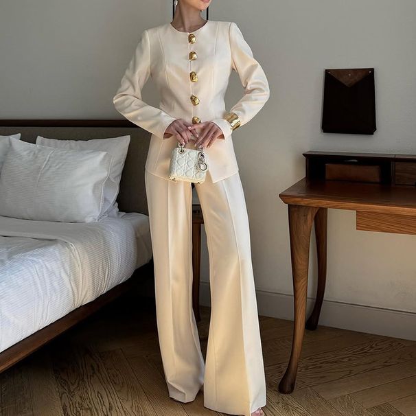 Women's Minimalist Suit Set – White Top & Straight-Leg Pants (S-XL, Autumn & Winter)_ecoleips.com