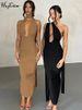 Hugcitar V Neck Backless Adjustable Straps Solid Bandage Draped Slit Sexy Maxi Dress Summer Women Elegant Birthday Party Outfit_ecoleips.com