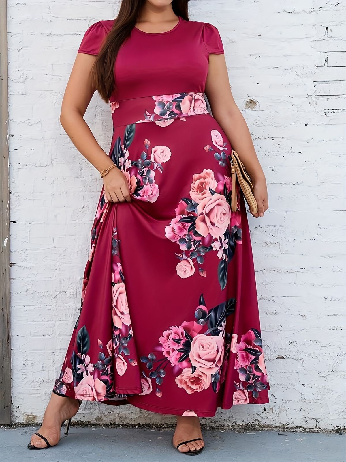 plus Size Slim Fit round Neck Printed Rose Casual Dress for Women Elegant Stylish English Fashion Spring/Autumn Summer_ecoleips.com