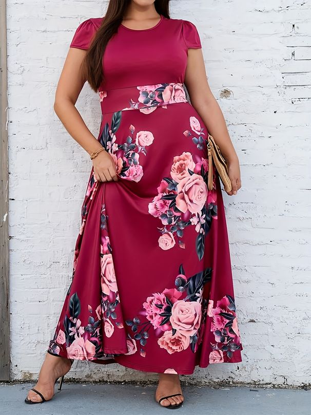 plus Size Slim Fit round Neck Printed Rose Casual Dress for Women Elegant Stylish English Fashion Spring/Autumn Summer_ecoleips.com