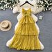 Red Spaghetti Strap Pleated Dress Women's Summer French Resort Style Fitted Waist Ruffled Hem Long Dress_ecoleips.com