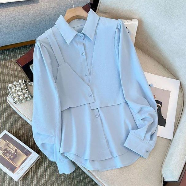 Women's Clothing Small Fat Girl Two Piece Vest Loose Versatile Shirt Female Long Sleeved Top Autumn New White Shirt_ecoleips.com