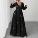 Plus Size Elegant V-Neck Evening Dress Long Sleeve Formal Gown With High Waist & Sequin Accents (0XL-5XL, Straight Cut, Polyester, Party/Office Wear)_ecoleips.com