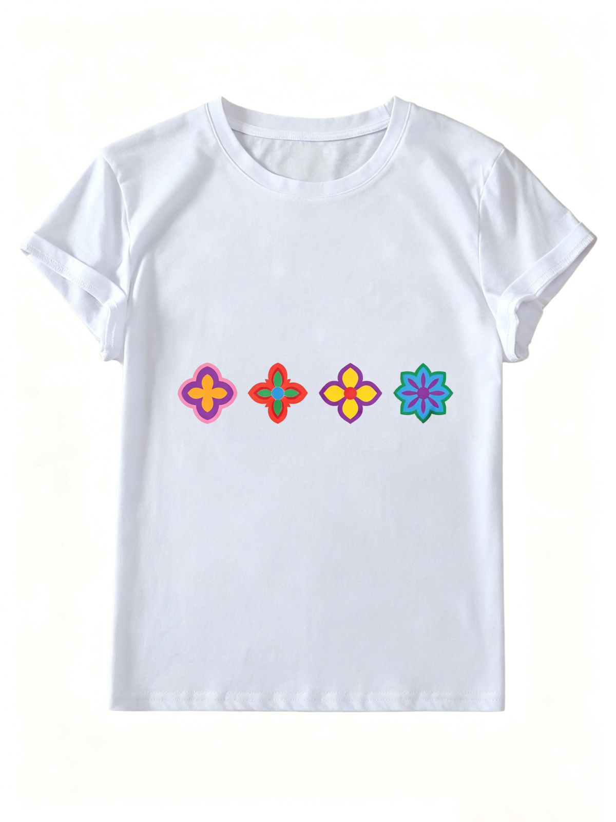 Women Crew Neck Short Sleeve T-Shirt, Geometric Four-Leaf Floral Graphic Loose Fit Casual Summer Basic Tee Tops_ecoleips.com