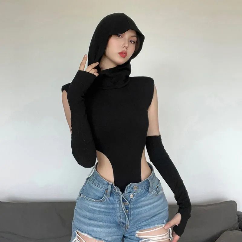 Women's Slim Fit Hooded Bodysuit Dark Color Summer Fashion Streetwear Sleeveless Sexy Top European American Style_ecoleips.com
