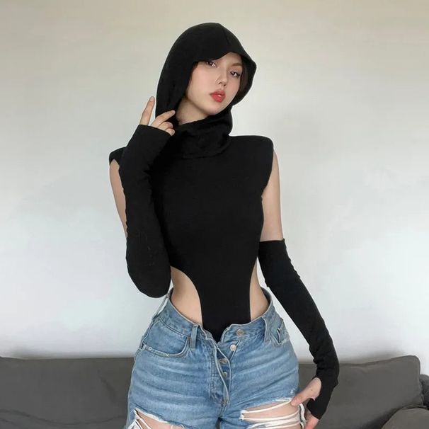 Women's Slim Fit Hooded Bodysuit Dark Color Summer Fashion Streetwear Sleeveless Sexy Top European American Style_ecoleips.com