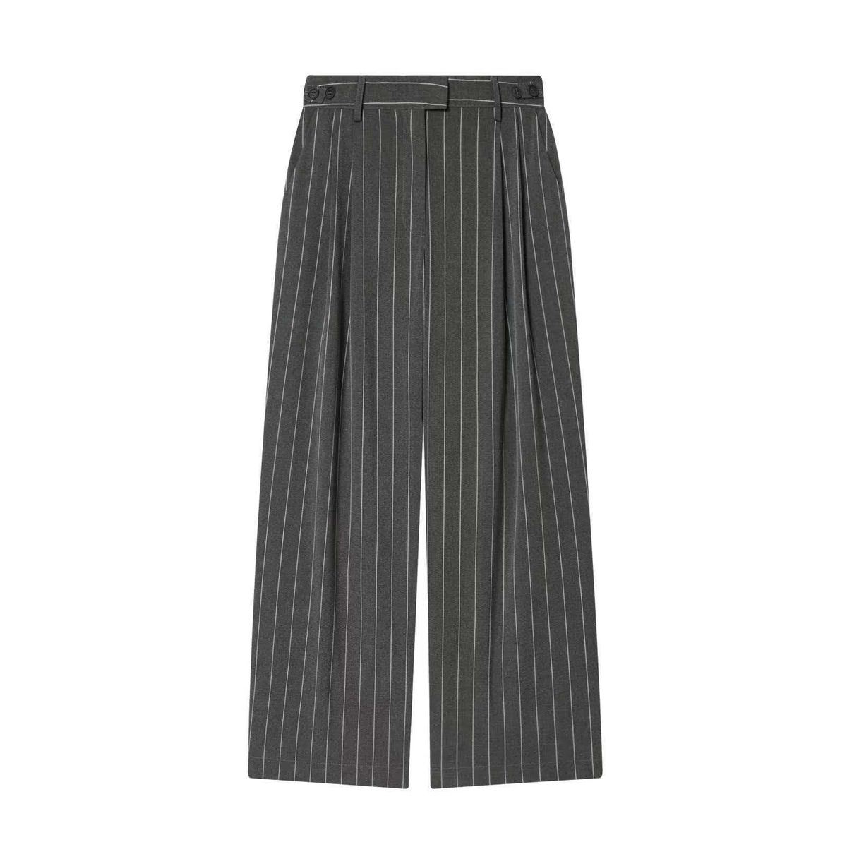 Women's Grey Pinstripe Blazer & Wide-Leg Pants Set – Elegant Office Suit With Belted Waist (Chic Two-Piece Formal Outfit, Professional & Stylish)_ecoleips.com