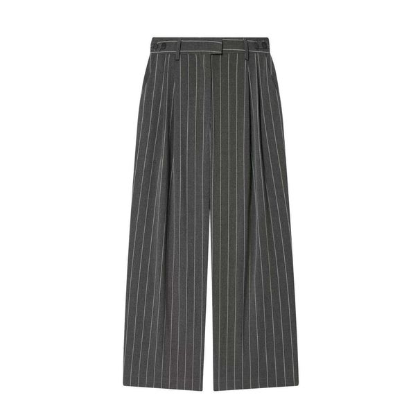 Women's Grey Pinstripe Blazer & Wide-Leg Pants Set – Elegant Office Suit With Belted Waist (Chic Two-Piece Formal Outfit, Professional & Stylish)_ecoleips.com