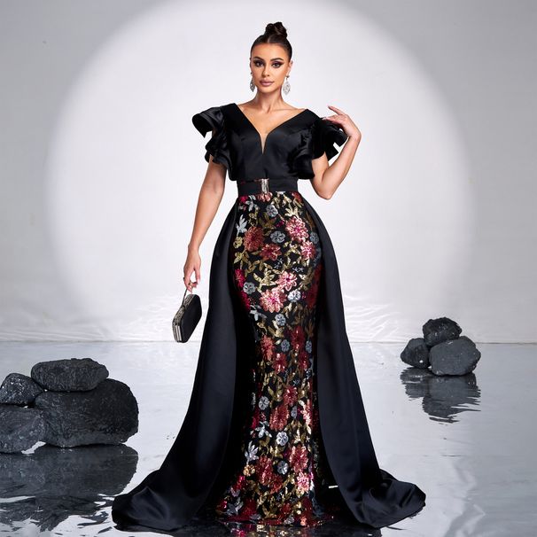 European And American Women's New High End Sleeveless V Neck Slim Fit Hip Wrapped Sequined Banquet Fishtail Evening Dress_ecoleips.com