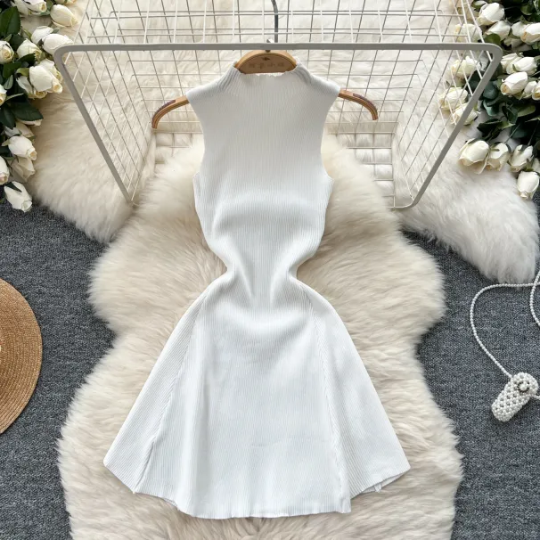 2025 New Summer Elastic Simple Style Sweater Dress Sleeveless Half High Collar Sundress Fashion Knitted A Line Ladies Mini Dress_ecoleips.com