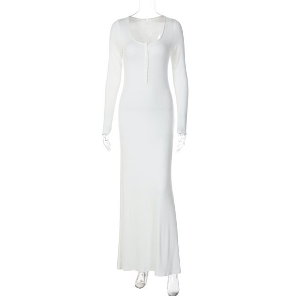 ZOEVA Hot-selling New Solid Color Comfortable Slim-fit Button U-neck Long-sleeved Hip-wrapped Temperament Dress Women's Clothing_ecoleips.com