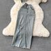 Women's American Style Denim Suit Asymmetrical Cropped Strapless Top High Waisted Split Hem_ecoleips.com