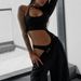 Women's High-Waisted Bodysuit Sleeveless Hollow out Tight Fit Black Croptop Sexy European American Solid Color Summer Wholesale_ecoleips.com