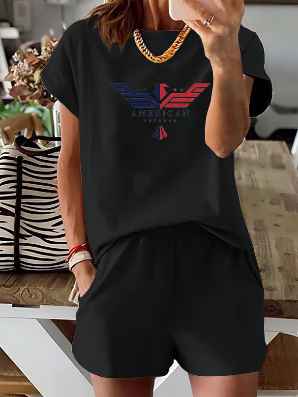 Summer New Letter Pattern T-shirt, Casual Printed Round Neck Short Sleeved Top With Elastic Waist Pocket, Women's Two-piece Set-287_ecoleips.com