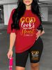 Summer Women's Casual And Fashionable GOD Letter Print Loose T-shirt+shorts Two-piece Sportswear Suitable For Daily Wear-103_ecoleips.com