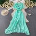 Vacation-Inspired V-Neck Maxi Dress With Waist Tie – Elegant Ruffle Hem & Side Slit, Flowy A-Line Dress For Women, Summer Boho Chic_ecoleips.com