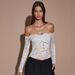 Spring/Summer Women's White Off-Shoulder Long Sleeve French Retro Lace Shirt Top_ecoleips.com