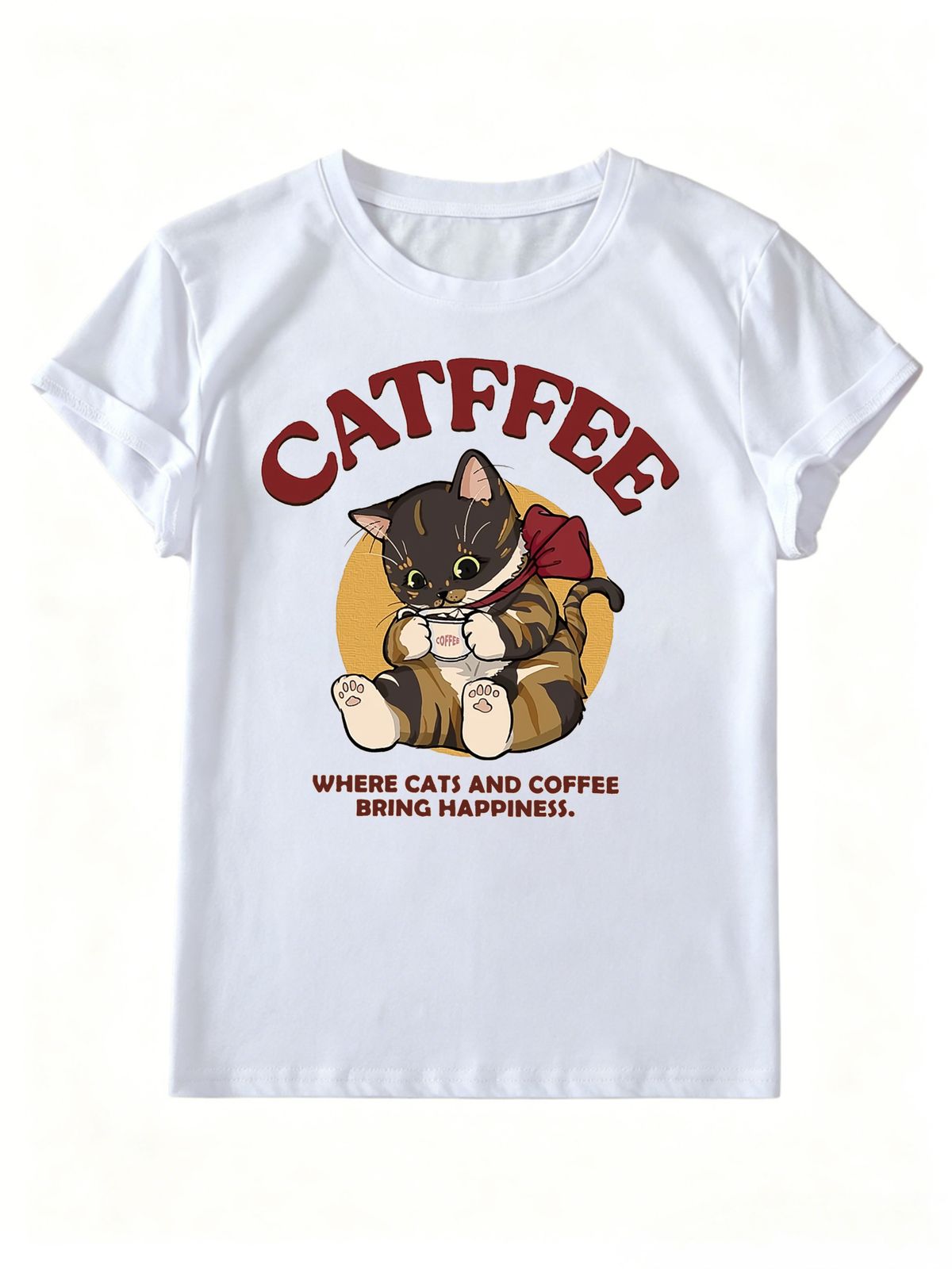 Women Cute Bow Tie Tabby Cat Drinking Coffee Catffee Letter Graphic T Shirt Round Neck Short Sleeve Loose Casual Summer Tops_ecoleips.com