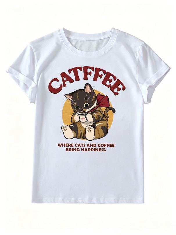 Women Cute Bow Tie Tabby Cat Drinking Coffee Catffee Letter Graphic T Shirt Round Neck Short Sleeve Loose Casual Summer Tops_ecoleips.com