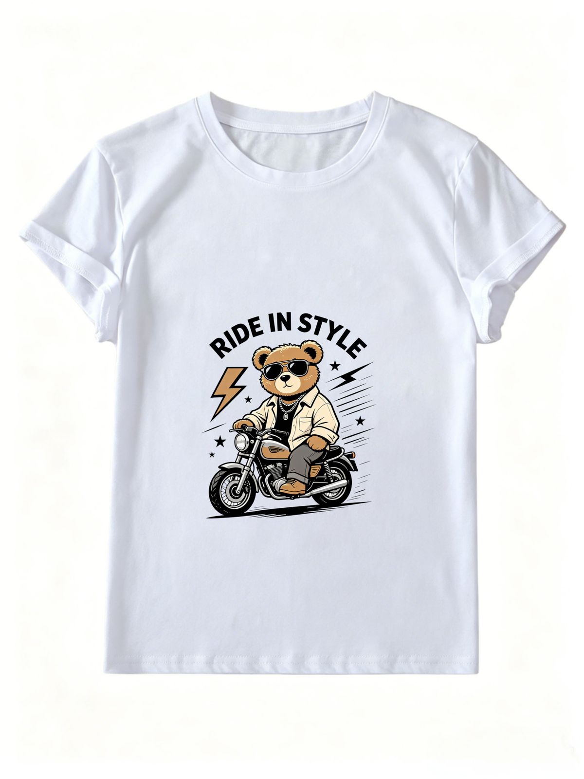 Women Summer Crew Neck Short Sleeve T-Shirt, Cool Biker Bear Motorcycle Ride In Style Lightning Star Graphic Casual White Streetwear Tee Top_ecoleips.com