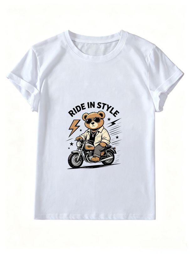 Women Summer Crew Neck Short Sleeve T-Shirt, Cool Biker Bear Motorcycle Ride In Style Lightning Star Graphic Casual White Streetwear Tee Top_ecoleips.com