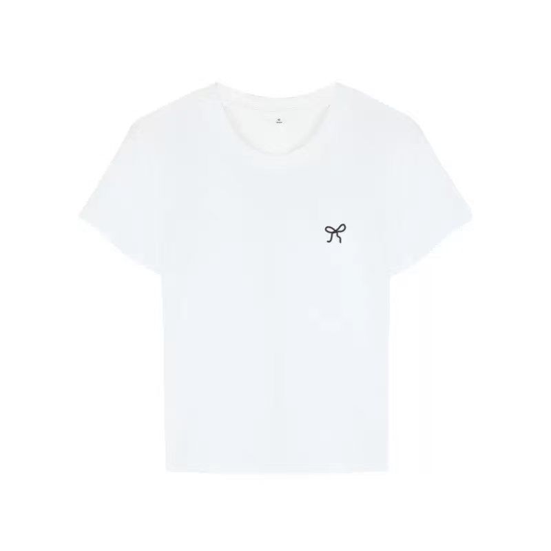 Bow Embroidered Short-sleeved T-shirt Summer New Slim-fitting Front Shoulder Sweet And Spicy Round Neck Bottoming Top_ecoleips.com
