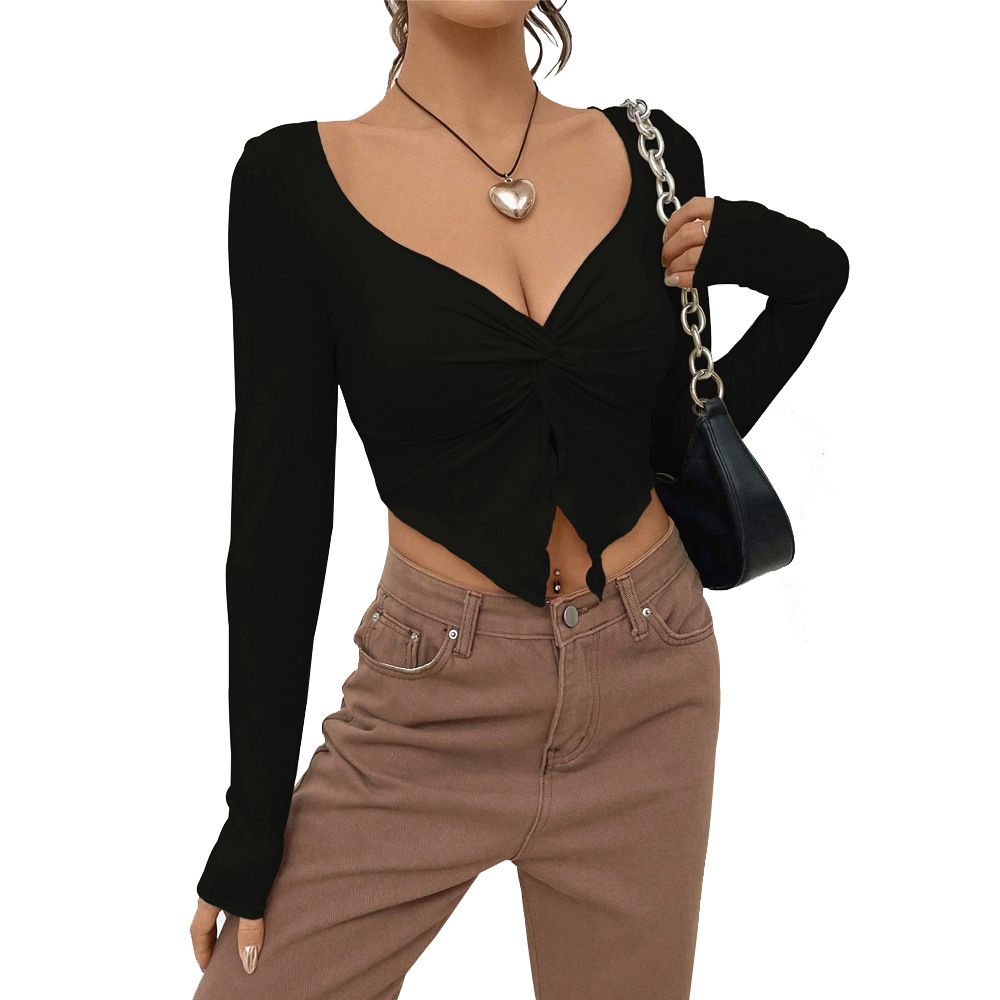 Women's Clothing Women's Slim Fit V Neck Knotted Knitted Top Autumn Winter Fashion Short Long Sleeve Super Short Top_ecoleips.com