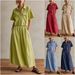 Women's Clothing Women's Fashion Set Summer Casual Solid Color Lapel Short Sleeve Shirt And Loose Long Skirt_ecoleips.com