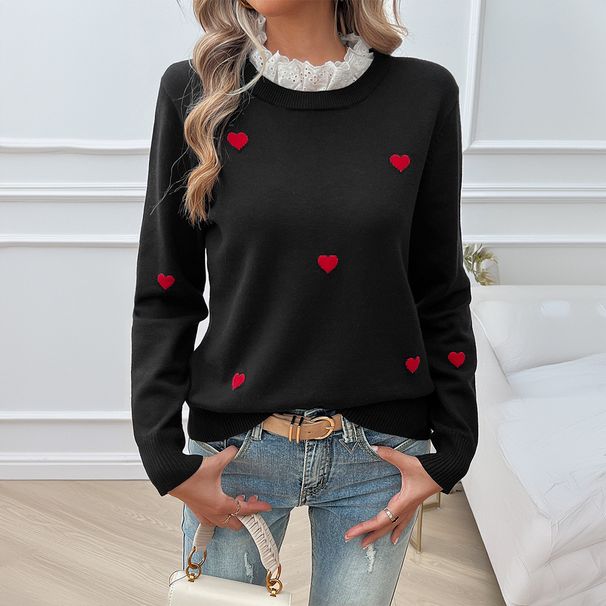 DiYun 2024 Autumn/Winter Foreign Trade Women's Fashion Casual Embroidered Heart Long-Sleeve Sweater_ecoleips.com