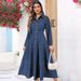 Women's Denim Shirt Dress With Belted Waist, Long Sleeve & Button-Down Collar – Slim Fit Long Maxi Dress For Casual & Streetwear_ecoleips.com