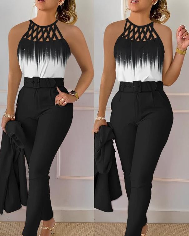 Women's Clothing Temperament Commuting Printed Cross Strap Gradient Top Solid Color Skinny Pants Two Piece Set_ecoleips.com