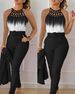 Women's Clothing Temperament Commuting Printed Cross Strap Gradient Top Solid Color Skinny Pants Two Piece Set_ecoleips.com