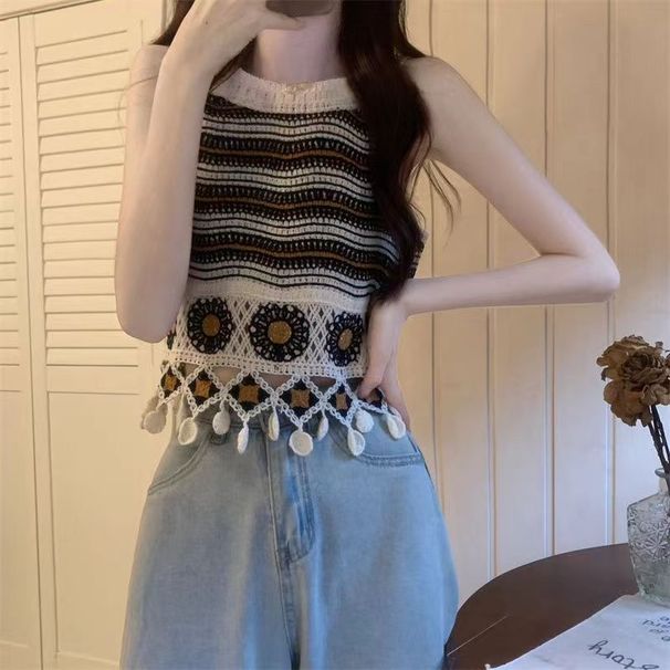 Hollowed-out Floral Embroidery Knitted Crochet Camisole Summer Women's Vintage Ethnic Design Fringed Short Top_ecoleips.com