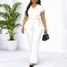 Women's Elegant V-Neck Blouse And Wide-Leg Trousers Set Chain Detail Stretchy Polyester Spandex Summer Office Wear Business Casual_ecoleips.com