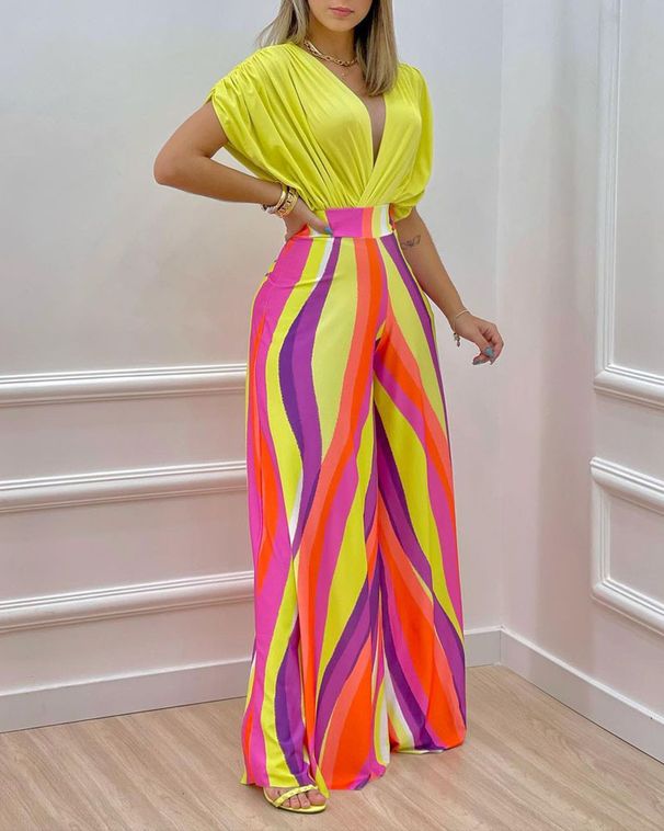 Women's Clothing Spring And Summer New Printed Bat Sleeve Top Wide Leg Pants Two Piece Suit Female_ecoleips.com
