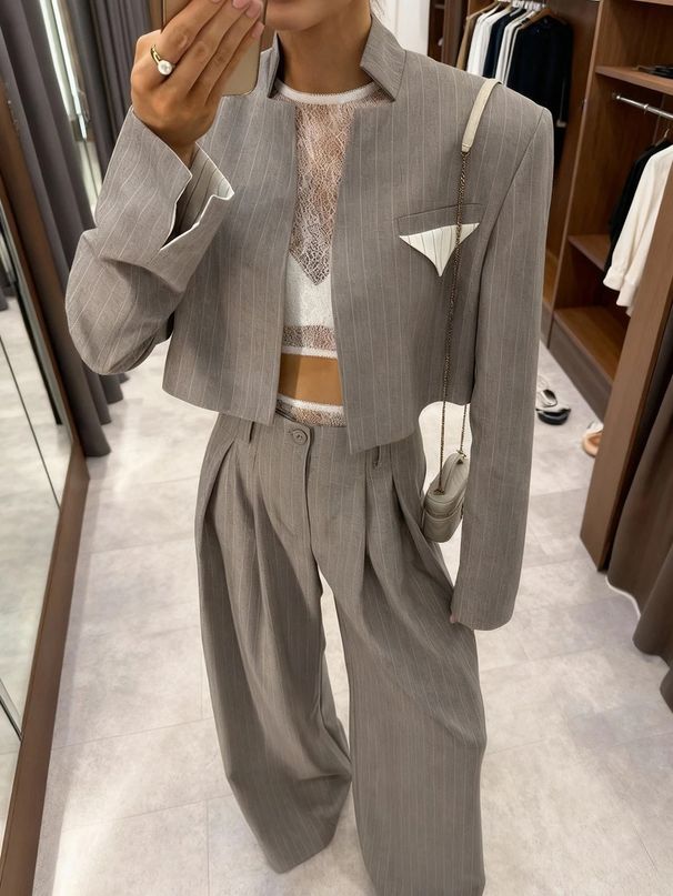 Women's Striped Blazer & Wide-Leg Pants Set – Business Casual Suit For Office & Travel (S-XL, Grey)_ecoleips.com
