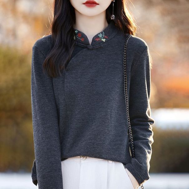 Autumn/Winter Style Chinese-Inspired Undershirt With Buttoned Collar, Embroidered Design, And Long Sleeves; Made Of Warm_ecoleips.com