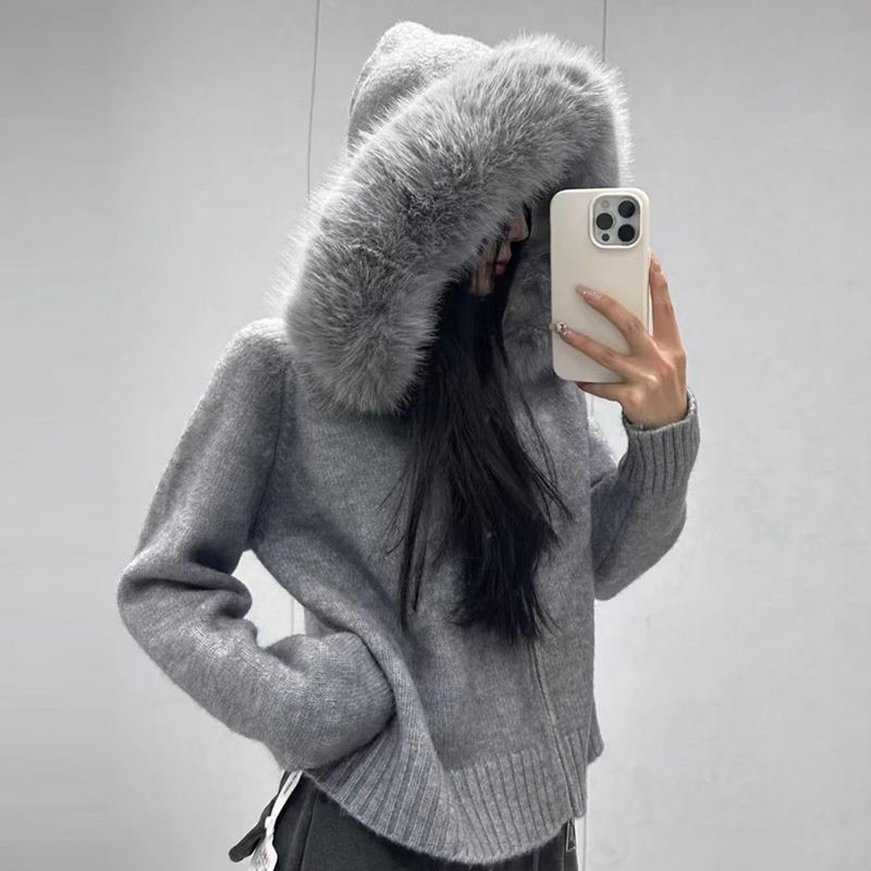 Oversized Hooded Knit Cardigan – Chunky Collar, Zip-Front, Long Sleeve (Beige/White/Blue/Pink/Gray/Black, One Size Fits Most)_ecoleips.com